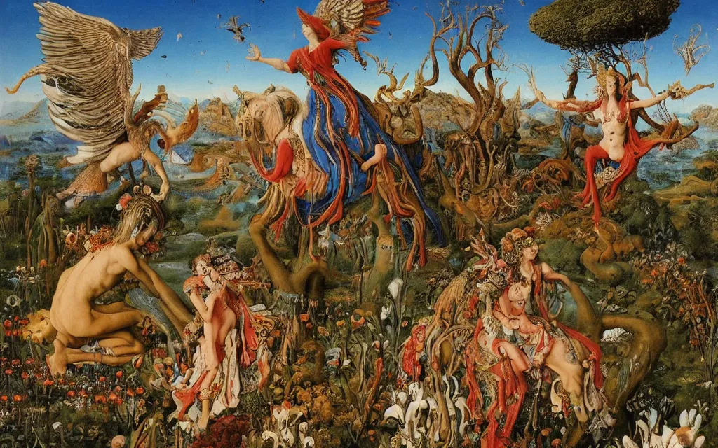 Prompt: a portrait photograph of a meditating harpy and a centaur king riding eagles and hugging animals at a river delta. surrounded by mushrooms, flowers, animals and trees. mountains range under a blue sky of burning stars. painted by jan van eyck, max ernst, ernst haeckel and ernst fuchs, cgsociety, artstation, fashion editorial, 8 k