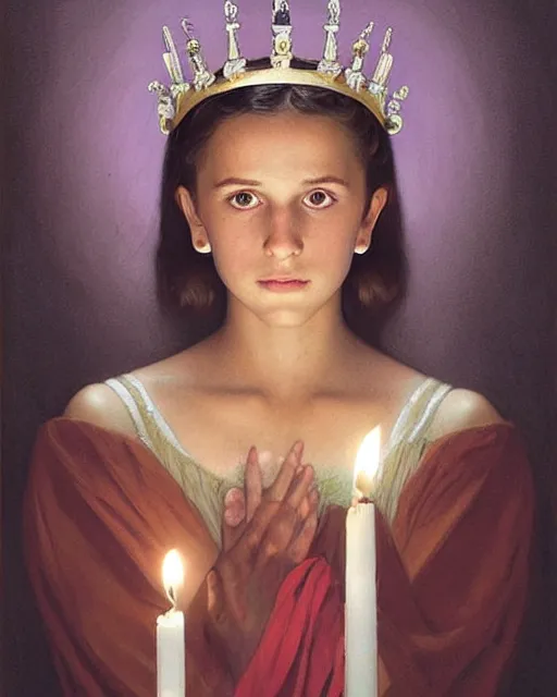 Image similar to a shadowy portrait painting of a shy, blushing 1 6 - year old alicia vikander or millie bobby brown as santa lucia with a crown of candles, lit only by candlelight in the darkness, intricate, elegant, highly detailed, artstation, concept art, by krenz cushart and donato giancola and william adolph bouguereau and alphonse mucha