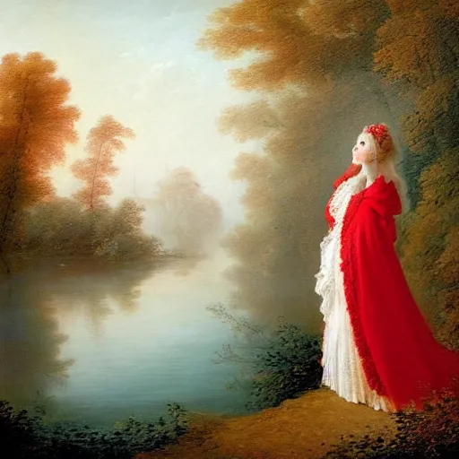 Image similar to a stunning painting of a beautiful lady with white long hair and dressed with a red victorian cloak, standing in a lake, mist, morning light, dreamy atmosphere, cinematic, style of Jean-Honoré Fragonard