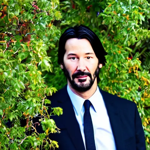 Image similar to a portrait of keanu reaves but he is a bush