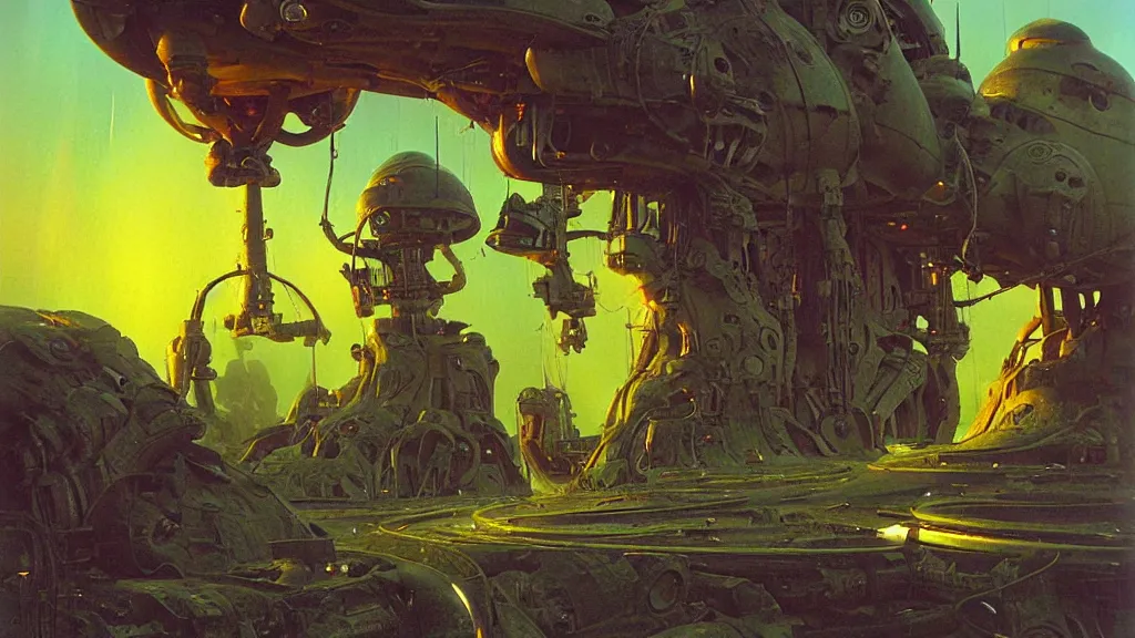 Image similar to mysterious whimsical sculpture of alien technology by paul lehr and john schoenherr and john harris, cinematic matte painting