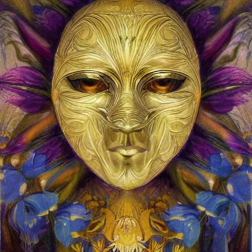 Image similar to masterpiece painting of a facemask made of stylized flowers, by annie swynnerton and jean delville and tino rodriguez, flower mask, art deco shaman, symbolist, dramatic lighting, god rays, elaborate geometric ornament, clean crisp graphics, soft cool colors, smooth, sharp focus, extremely detailed