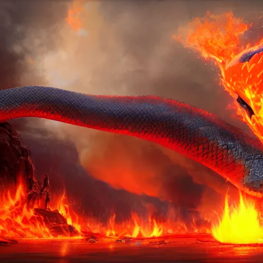 Prompt: Giant flaming Python Pokémon by Greg Rutkowski,trending on artstation,Thomas Kinkade,3d octane render
