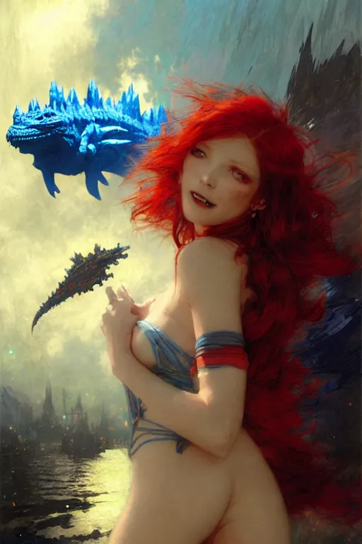 Prompt: red haired vampire maid, pointing accusingly at a small blue godzilla wearing a rainbow coloured propeller hat portrait dnd, painting by gaston bussiere, craig mullins, greg rutkowski, yoji shinkawa