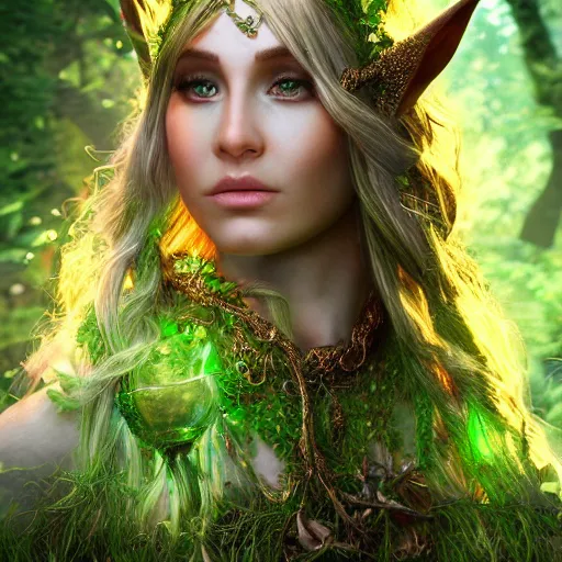 Image similar to Photorealistic elven goddess of the majestic Sprite forest. Hyperdetailed photorealism, 108 megapixels, amazing depth, glowing rich colors, powerful imagery, psychedelic Overtones, 3D finalrender, 3d shading, cinematic lighting, artstation concept art