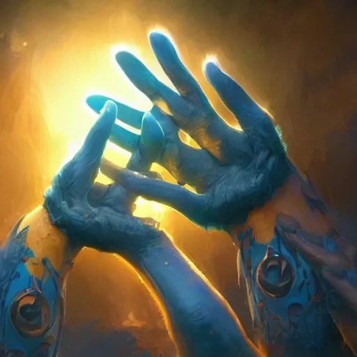 Image similar to glowing hands with fingers floating in the air, hands, fingers, fingers, fingers, fingers, fingers, hands, hands, hands, hands, glowing fingers, blue theme, bright art masterpiece artstation. 8 k, sharp high quality artwork in style of jose daniel cabrera pena and greg rutkowski, concept art by tooth wu, blizzard warcraft artwork, hearthstone card game artwork, human anatomy