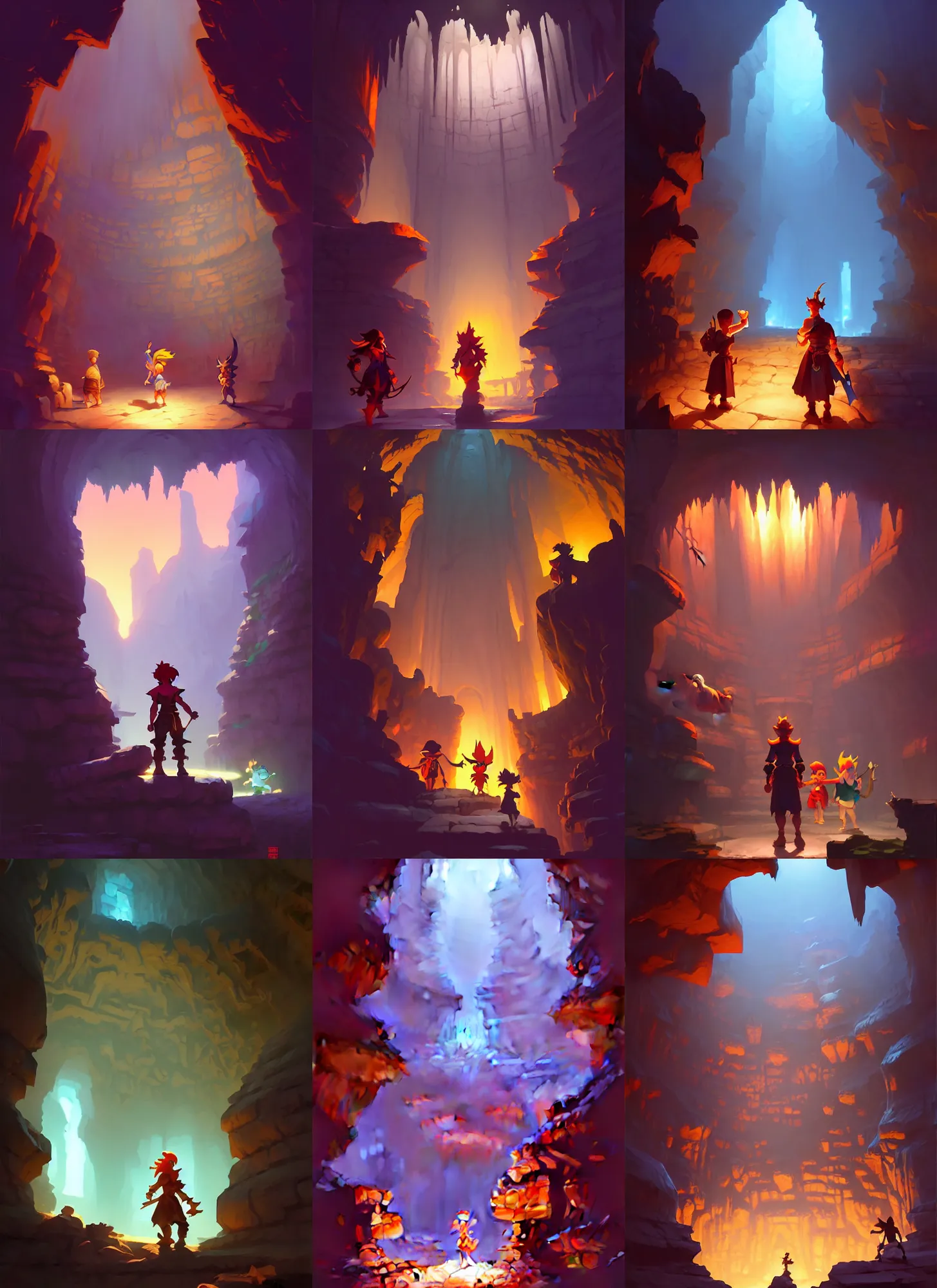 Prompt: ancient underground dungeon cavern, hero world nintendo, by greg manchess, jesper ejsing, by rhads, makoto shinkai and lois van baarle, ilya kuvshinov, rossdraws global illumination