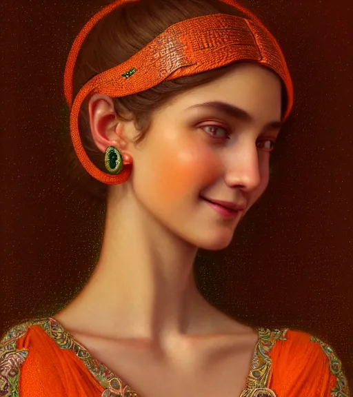 Image similar to portrait of teenage godess, snake hair, naughty smile, wearing an embroidered orange tunic, intricate, elegant, copper and emerald jewelry, glowing lights, seductive. highly detailed, digital painting, artstation, concept art, smooth, sharp focus, illustration, art by wlop, mucha, artgerm, and greg rutkowski