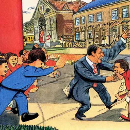 Prompt: pig chasing with hungarian prime minister viktor orban, highly detailed children book illustration from 1 9 7 0