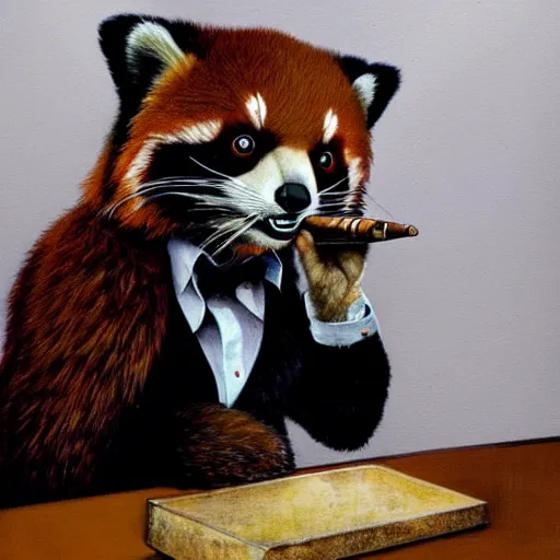 Prompt: Portrait of an anthropomorphic Red Panda crime boss smoking a cigar in a police cell. Very high quality. Drawn by James Christensen