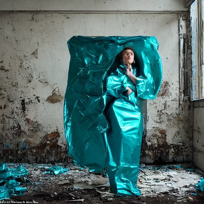 Image similar to closeup portrait of a woman wrapped in teal cellophane, standing in a derelict building interior, color photograph, by juergen teller, canon eos c 3 0 0, ƒ 1. 8, 3 5 mm, 8 k, medium - format print