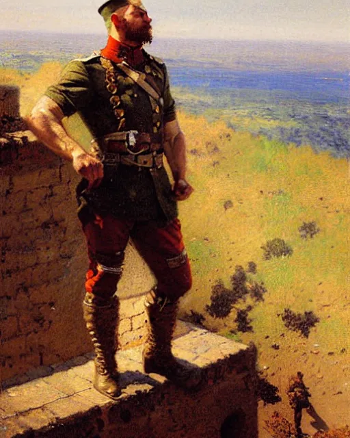 Prompt: muscular, rugged german soldier watches the horizon from on top of a castle wall, painting by gaston bussiere, craig mullins, j. c. leyendecker