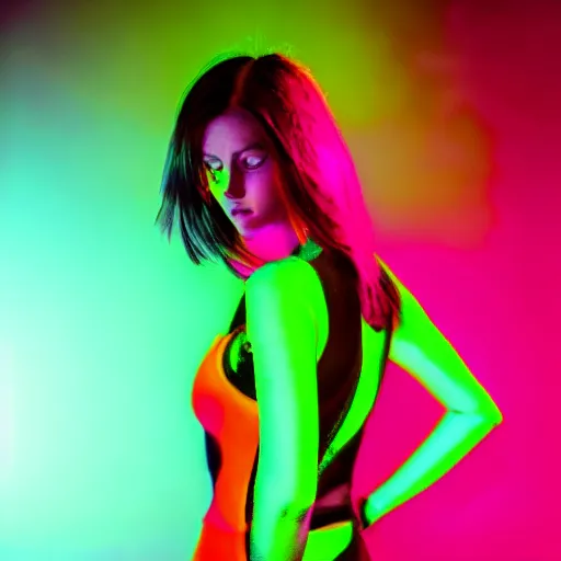 Image similar to a girl glowing with neon colors, high detail of the face, high details, high modernization, high stylization, full body, photo model