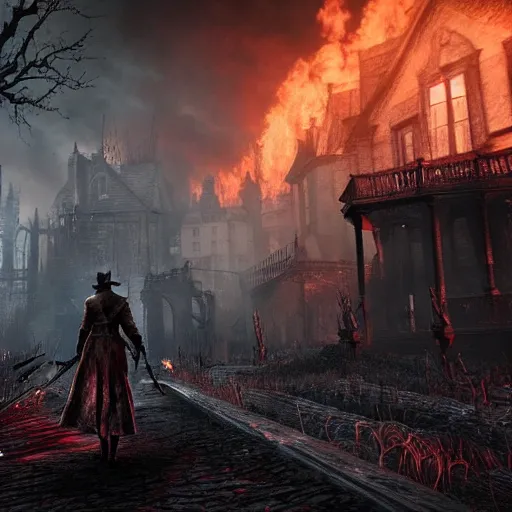 Image similar to a photo of a house burning down in the background and bloodborne with an eerie expression in the foreground, strong depth of field