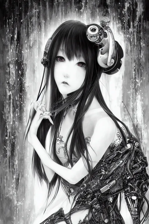 Prompt: a vertical portrait of a character in a scenic environment by Yoshitaka Amano, black and white, dreamy, cybernetic, wavy long black hair, highly detailed