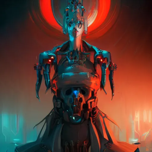 Prompt: portrait of a malevolent cybernetic necromancer, cyberpunk concept art by pete mohrbacher and artgerm and wlop and greg rutkowski and deathburger, digital art, highly detailed, intricate, sci-fi, sharp focus, Trending on Artstation HQ, deviantart, unreal engine 5, 4K UHD image