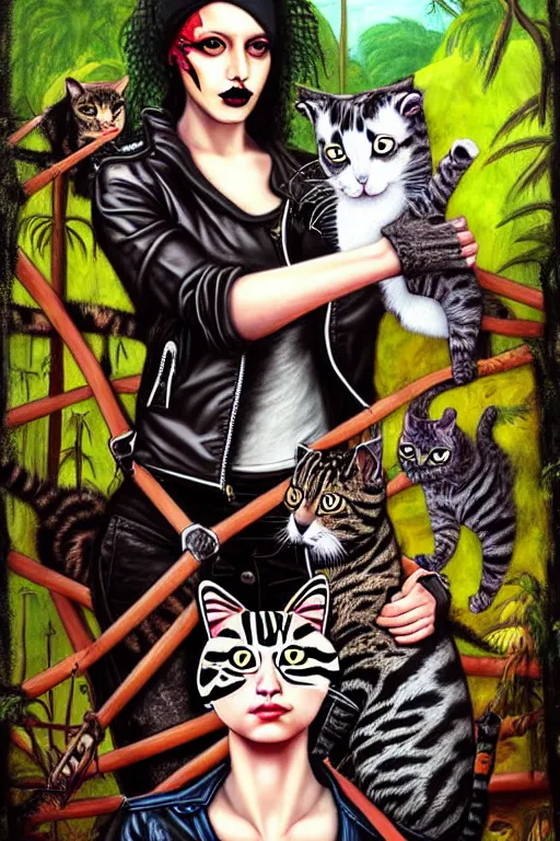 Image similar to punk rock girls making selfie with cats in jungle , mad max jacket, post apocalyptic, renaissance, oil painting like Leonardo Da Vinci, hyper realistic style, fantasy by Olga Fedorova