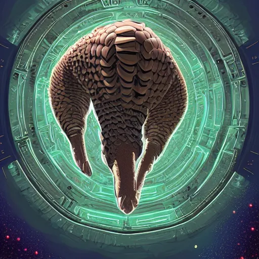 Image similar to an alien cyborg pangolin, digital art, highly detailed, fantasy, space background