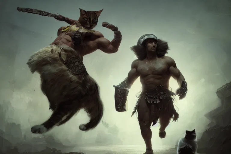 Prompt: a muscular tunisian man fighting a cat wearing crown, digital painting, volumetric light, intricate, sharp, focus, bloom, illustration, highly detailed, concept art, matte, ruan jia, randy vargas, greg rutkowski