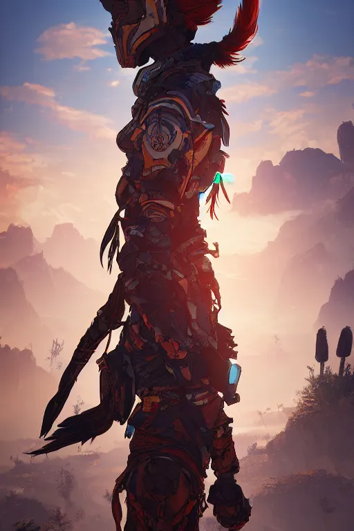 Image similar to combination suit armor aloy horizon forbidden west horizon zero dawn radiating a glowing aura global illumination ray tracing hdr fanart arstation by ian pesty and alena aenami artworks in 4 k tribal robot ninja mask helmet backpack