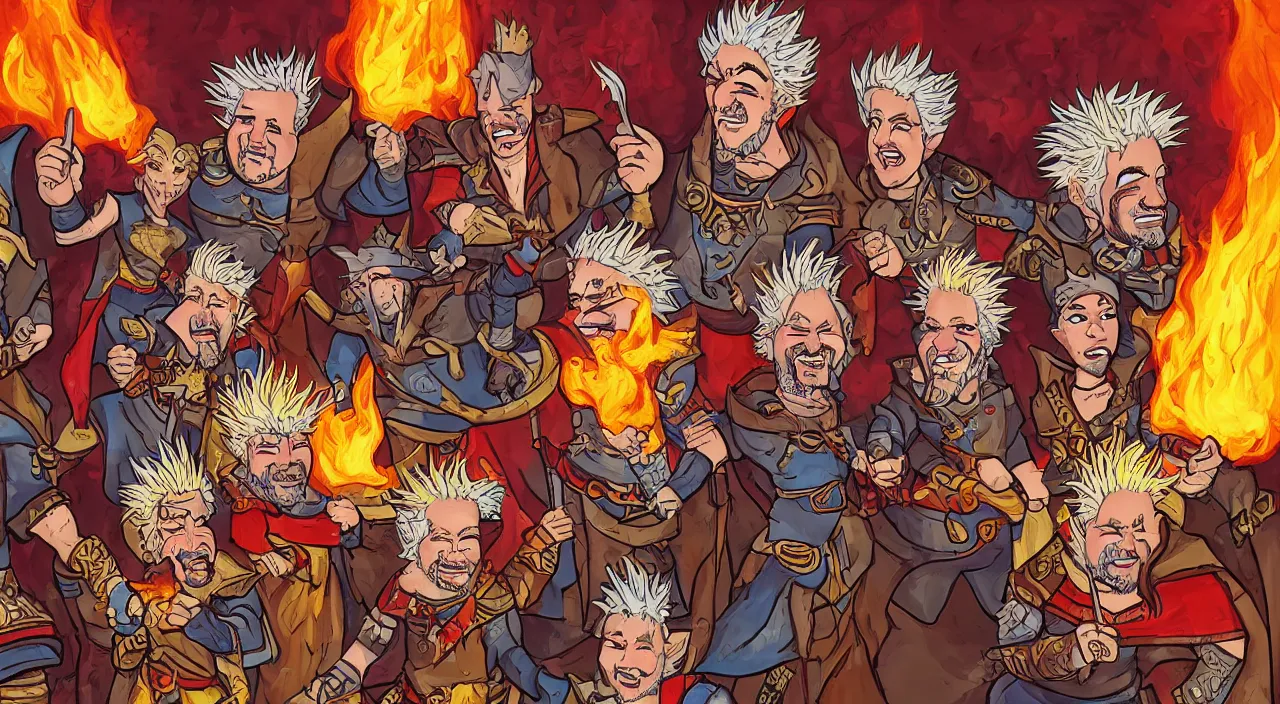 Prompt: a dungeons and dragons party of four guy fieri's, warrior fieri, mage fieri, rogue fieri, and cleric fieri, fantasy painting in the style of diego gisbert llorens