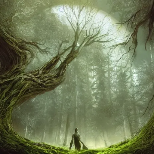 Image similar to glowing tree, green forest, white moon, establishing shot, extremly high detail, photo-realistic, cinematic lighting, pen and ink, intricate line drawings, by Yoshitaka Amano, Ruan Jia, Kentaro Miura, Artgerm, post processed, concept art, artstation, matte painting, style by eddie mendoza, raphael lacoste, alex ross