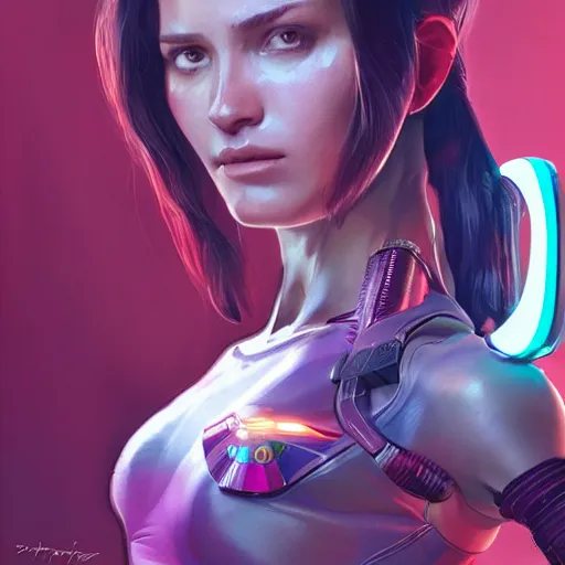 Prompt: an athletic humanoid girl with a flower, cyberpunk 2070, synthwave, highly detailed, digital painting, artstation, concept art, sharp focus, illustration, art by artgerm and greg rutkowski and alphonse mucha