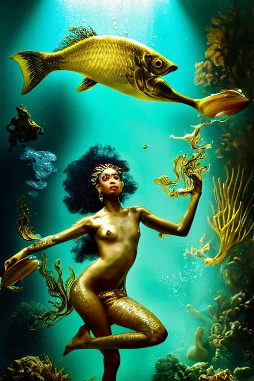 Image similar to hyperrealistic post - rococo cinematic half underwater scene with fish and algae, very expressive! translucent elegant african goddess getting out of water, gold jewerly, highly detailed face, digital art masterpiece, aykut aydogdu zener, dramatic volumetric light, long shot, low angle uhd 8 k, sharp focus