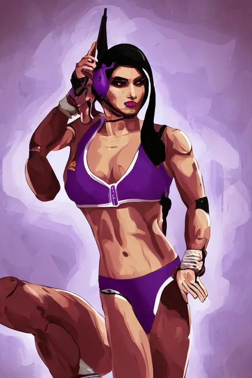 Image similar to arabian wrestling woman, cleanest posse, cleanest image without duplication, justify, concep art, parallel, hyperrealistic anatomy body content, violet polsangi pop art, gta chinatown wars art style, sharp focus, bioshock infinite art style, incrinate, dynamic stretching, rgba color, white frame, content balance proportion