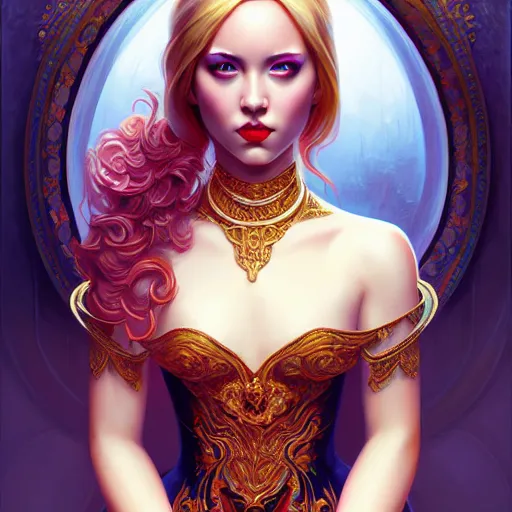 Image similar to symmetrical painting, a beautiful young female in dress, pretty, perfect face, elegant, ornate, luxury, elite, matte painting, by artgrem, by james jean, by ross tran - h 6 0 0