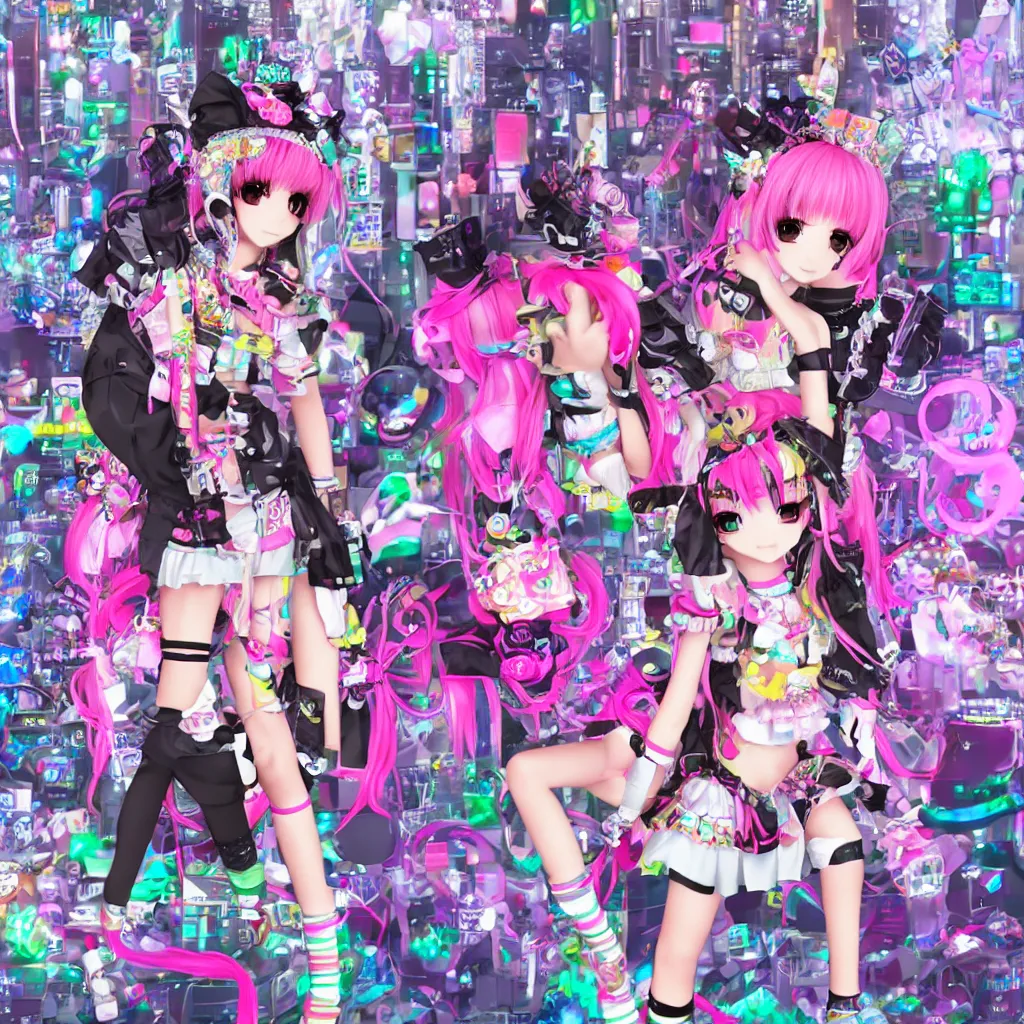 Image similar to 3 d anime render of a decora gyaru kawaii cybergoth emo fashion model vtuber, in a cyberpunk blade runner maximalist city of my melody sanrio plushies, artstation cgsociety