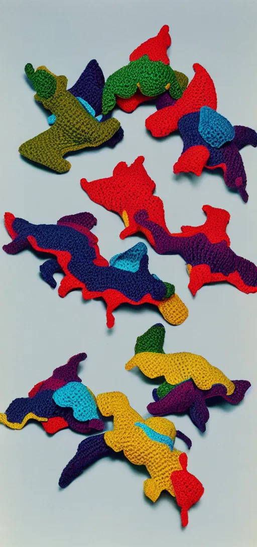 Image similar to multicolored crocheted bats, 1 9 8 0 s catalogue photography