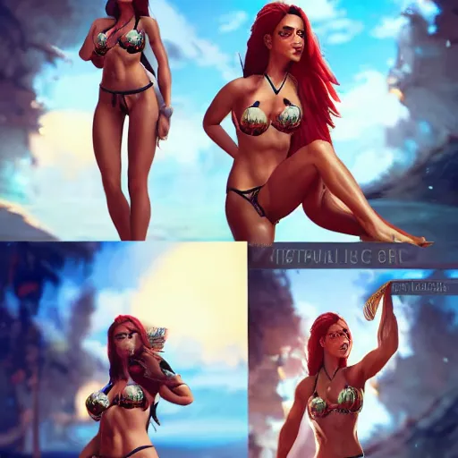 Prompt: very beautiful female latin warrior in a bikini, happy appearance, ioyful vibe and lighting, cgsociety, artstation, in the style of artgerm