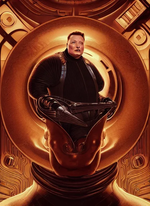 Image similar to elon musk as vladimir harkonnen, dune, portrait, intricate, elegant, highly detailed, digital painting, artstation, concept art, wallpaper, smooth, sharp focus, illustration, art by h. r. giger and artgerm and greg rutkowski and alphonse mucha