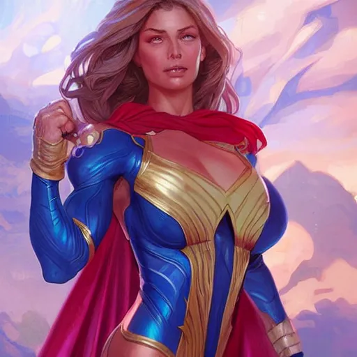 Image similar to muscular supergirl, deep focus, d & d, fantasy, intricate, elegant bikini, highly detailed, digital painting, artstation, concept art, matte, sharp focus, illustration, hearthstone, art by artgerm and greg rutkowski and alphonse mucha