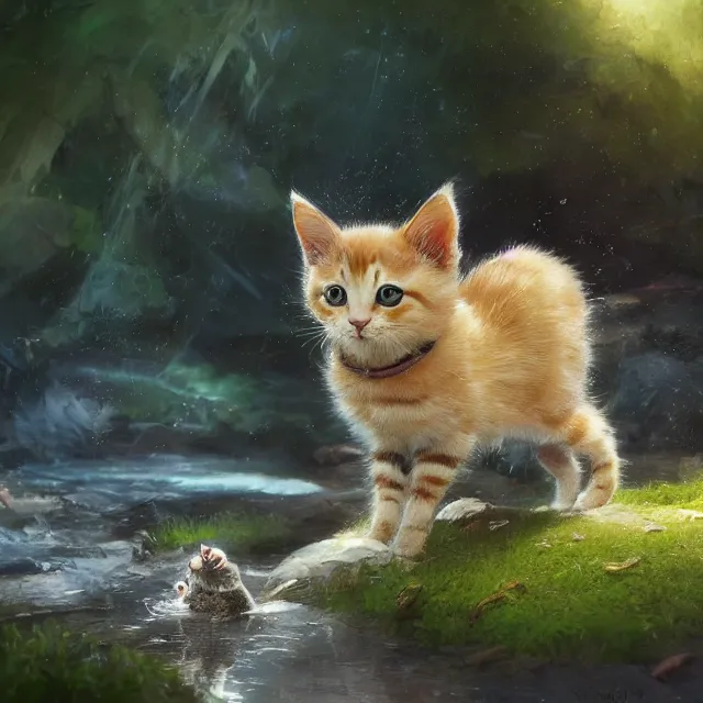 Image similar to a painting of a cute kitten at a creek. disney character design by cory loftis, fenghua zhong, ryohei hase, ismail inceoglu and ruan jia. volumetric light, detailed, rendered in octane