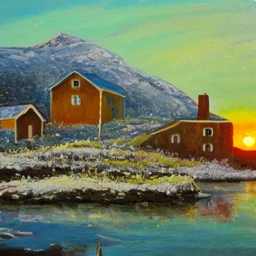 Image similar to overgrown norwegian village at the coast, sunset, arctic, beautiful, oil painting