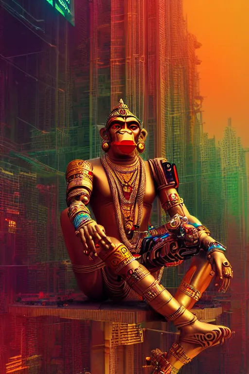 Image similar to high quality 3 d render colorful post - modern cyborg! hanuman sitting, gold madhubani, highly detailed, cyberpunk!! mumbai in the background, vray cinematic smooth, liam wong, moody light, low angle, uhd 8 k, sharp focus