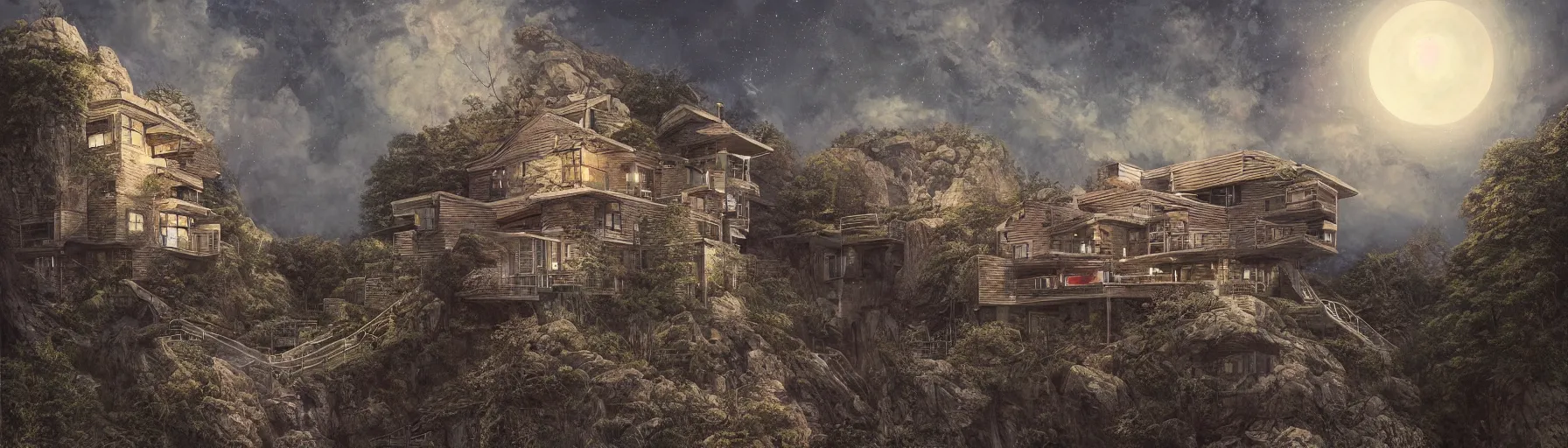 Prompt: realistic extremely detailed photo portrait painting of a mid-century house on cliff, in moon light, moebius, brom, ian miller, HR Giger, moody vibrant colors, octane render, 4k