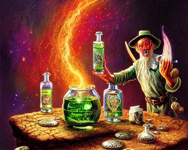 Image similar to A richly detailed fantasy digital art of an ancient vintage apothecary magic arcane nebula healing elixir potion bottle trading card an esoteric blender render by Bob Eggleton, two jolly wizards enthusiastically drinking and imbibing magic potions