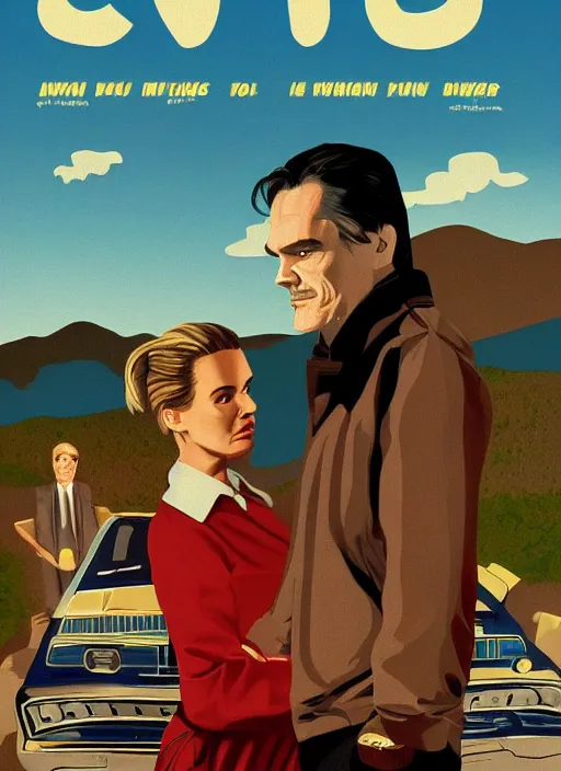 Prompt: Twin Peaks art, of Michael Shannon dressed as mechanic talking to Jennifer Connelly wearing light blue diner waitress dress, poster artwork by James Edmiston, from scene from Twin Peaks, simple illustration, domestic, nostalgic, from scene from Twin Peaks, clean, New Yorker magazine cover