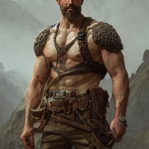 Prompt: portrait of a rugged ranger, muscular, upper body, D&D, fantasy, intricate, elegant, highly detailed, digital painting, artstation, concept art, smooth, sharp focus, illustration, art by artgerm and greg rutkowski and alphonse mucha