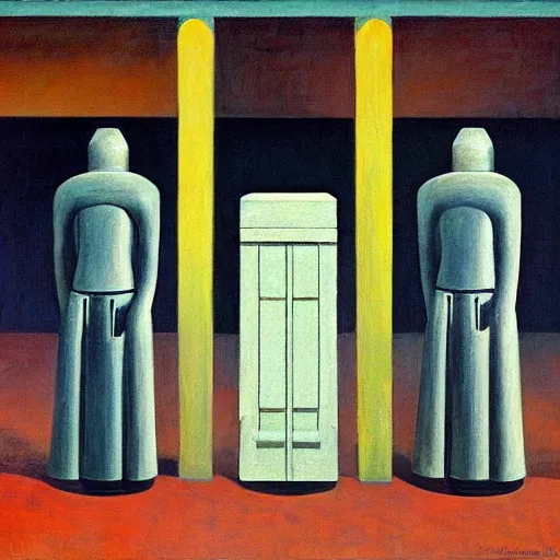 Image similar to robot bishop guards, human prisoners, brutalist prison ship, end times, grant wood, pj crook, edward hopper, oil on canvas