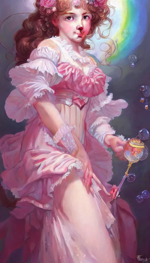 Prompt: portrait of magical lolita girl, dreamy and ethereal, pink eyes, curious expression, ornate frilly dress, fantasy, intricate, elegant, rainbow bubbles and crystals, highly detailed, digital painting, artstation, concept art, smooth, sharp focus, illustration, art by artgerm and greg rutkowski and alphonse mucha