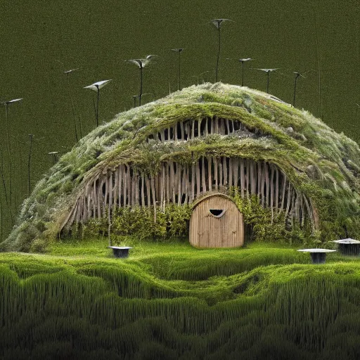 Prompt: beautiful organic house made of imaginary plants in a swamp, architectural render, chillwave, by isaac cordal, gabriel dawe, skottie young and jessica rossier, blender, vegetal architecture, junglepunk, trending on artstation.