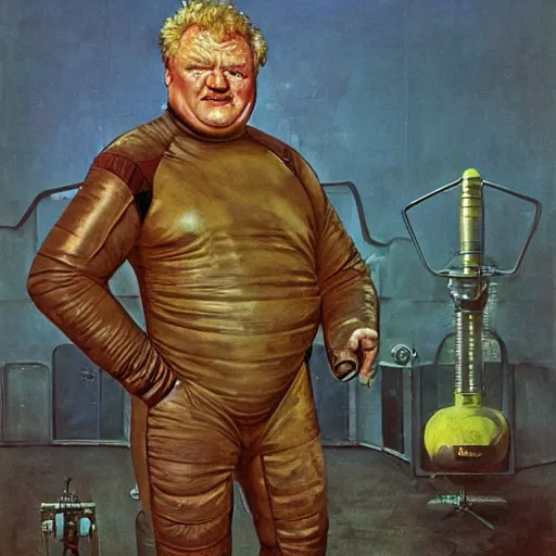 Image similar to full body portrait of actor Kenneth McMillan as baron harkonnen wearing ragged leather spacesuit and floating ten feet above floor in dystopian science fiction palace, painted by norman rockwell and tom lovell and frank schoonover, dune 1982 movie