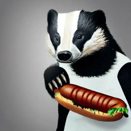 Prompt: photo of a badger eating a hot dog, dynamic lighting, high contrast