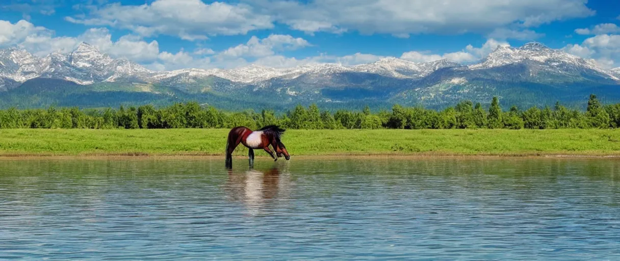 Prompt: horse swiming through large lake!!, mountains in the background, huge view panoramic, beautiful landscape