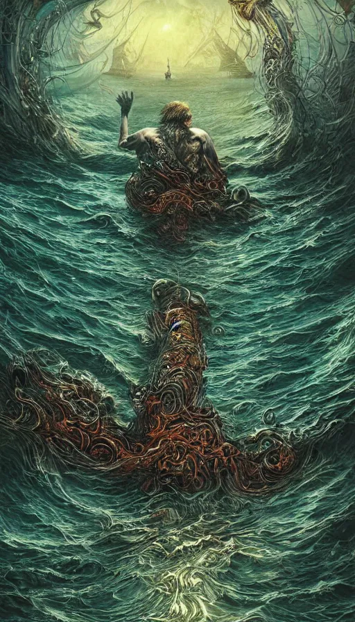 Image similar to man on boat crossing a body of water in hell with creatures in the water, sea of souls, by android jones,