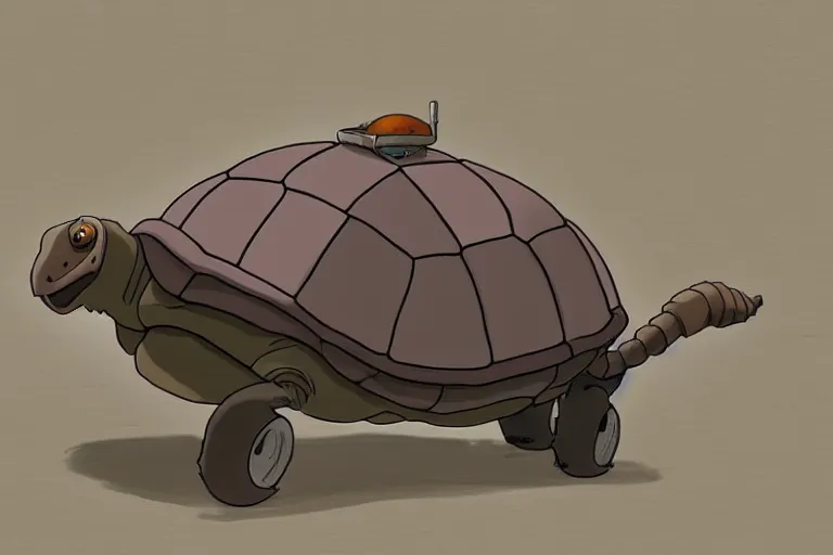 Prompt: a study of a cell shaded cartoon of a grey mechanized tortoise from howl's moving castle ( 2 0 0 4 ), on a desert road, full body, wide shot, very muted colors, post grunge, studio ghibli, laurie greasley, highly detailed, deviantart, art by artgem